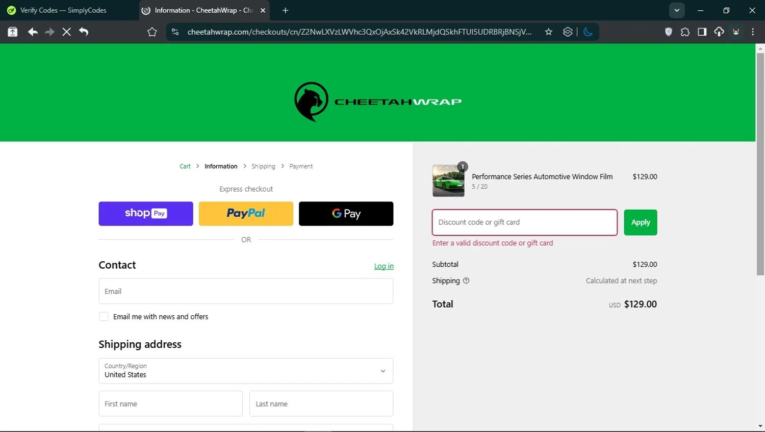 CheetahWrap discount code screenshot showing code 1850FFCF applied at CheetahWrap checkout page. Uploaded by SimplyCodes community member User_Randon1 on Feb 28, 2025