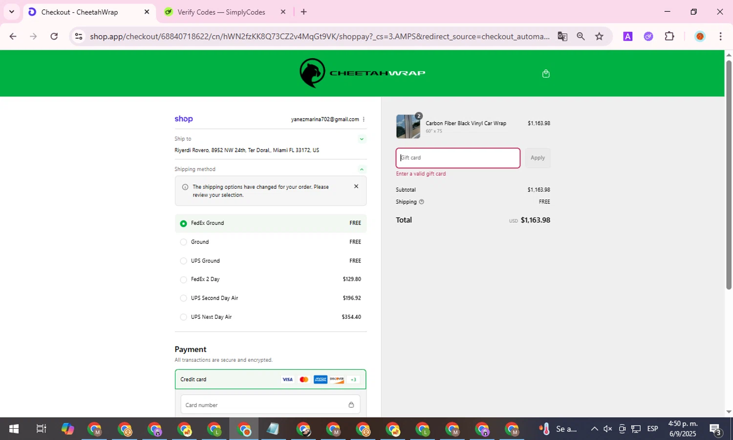 CheetahWrap discount code screenshot showing code 185OFFCF applied at CheetahWrap checkout page. Uploaded by SimplyCodes community member ShieldDefender9117 on Sep 6, 2025