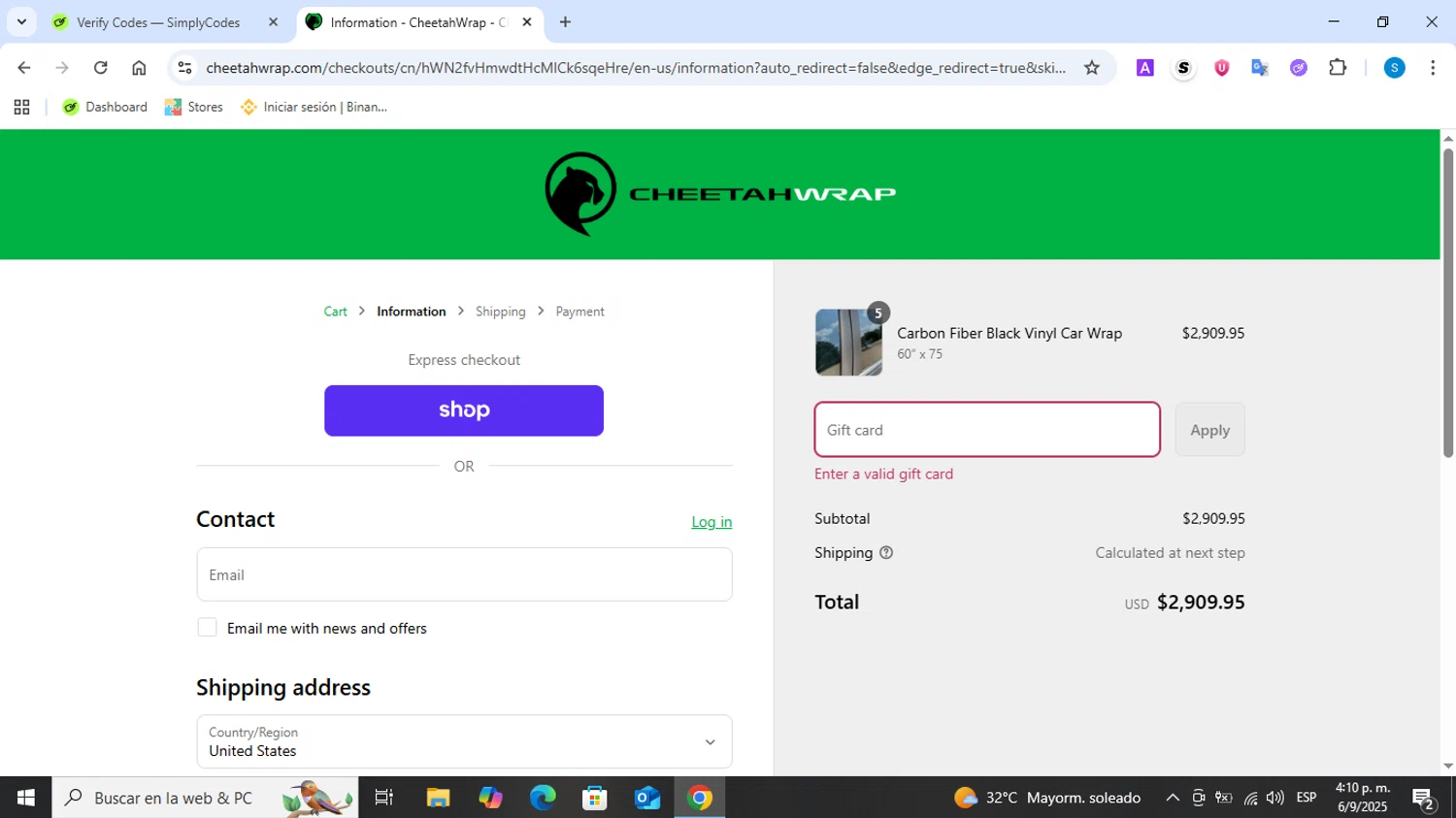 CheetahWrap discount code screenshot showing code 185OFFCF applied at CheetahWrap checkout page. Uploaded by SimplyCodes community member Tsubaki on Sep 6, 2025