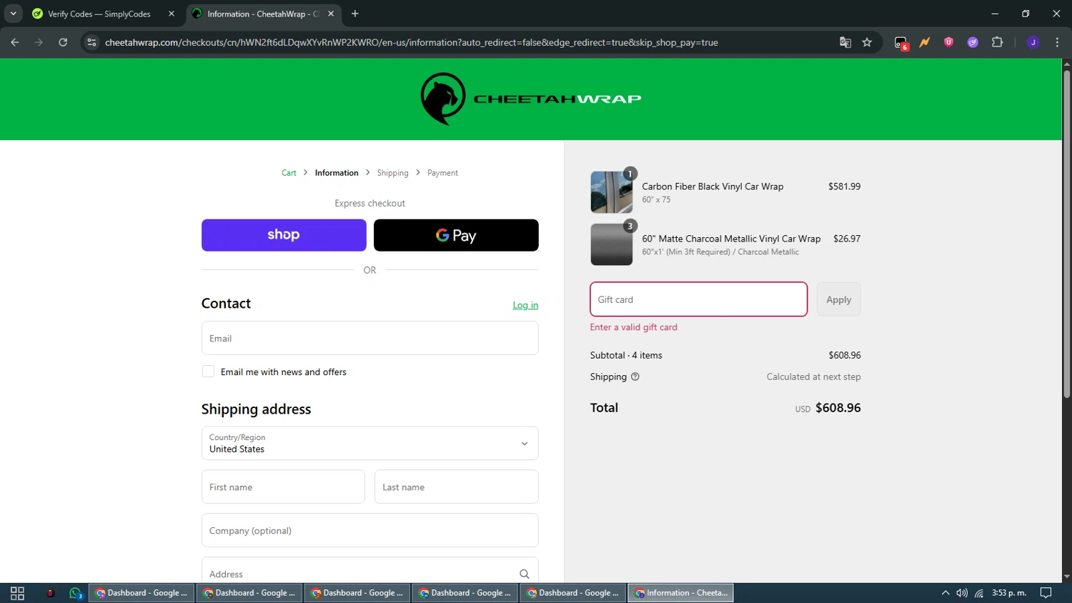 CheetahWrap discount code screenshot showing code 185OFFCF applied at CheetahWrap checkout page. Uploaded by SimplyCodes community member WiseMaven9968 on Sep 6, 2025