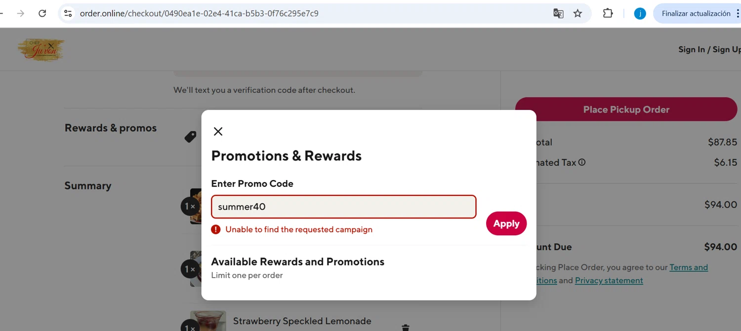 Chef Ju'von promo code screenshot showing code summer40 applied at Chef Ju'von checkout page. Uploaded by SimplyCodes community member BargainPioneer7317 on Apr 30, 2025