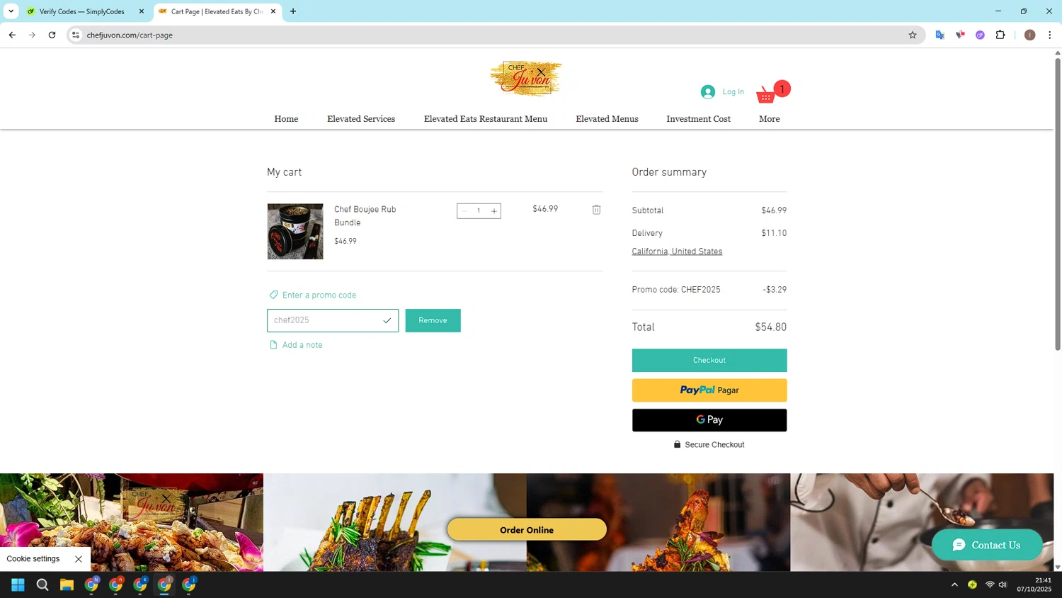 Chef Ju'von promo code screenshot showing code chef2025 applied at Chef Ju'von checkout page. Uploaded by SimplyCodes community member CashSleuth106 on Oct 8, 2025