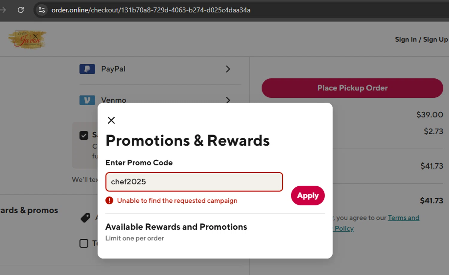 Chef Ju'von promo code screenshot showing code chef2025 applied at Chef Ju'von checkout page. Uploaded by SimplyCodes community member ExtraordinarySleuth3936 on Oct 8, 2025