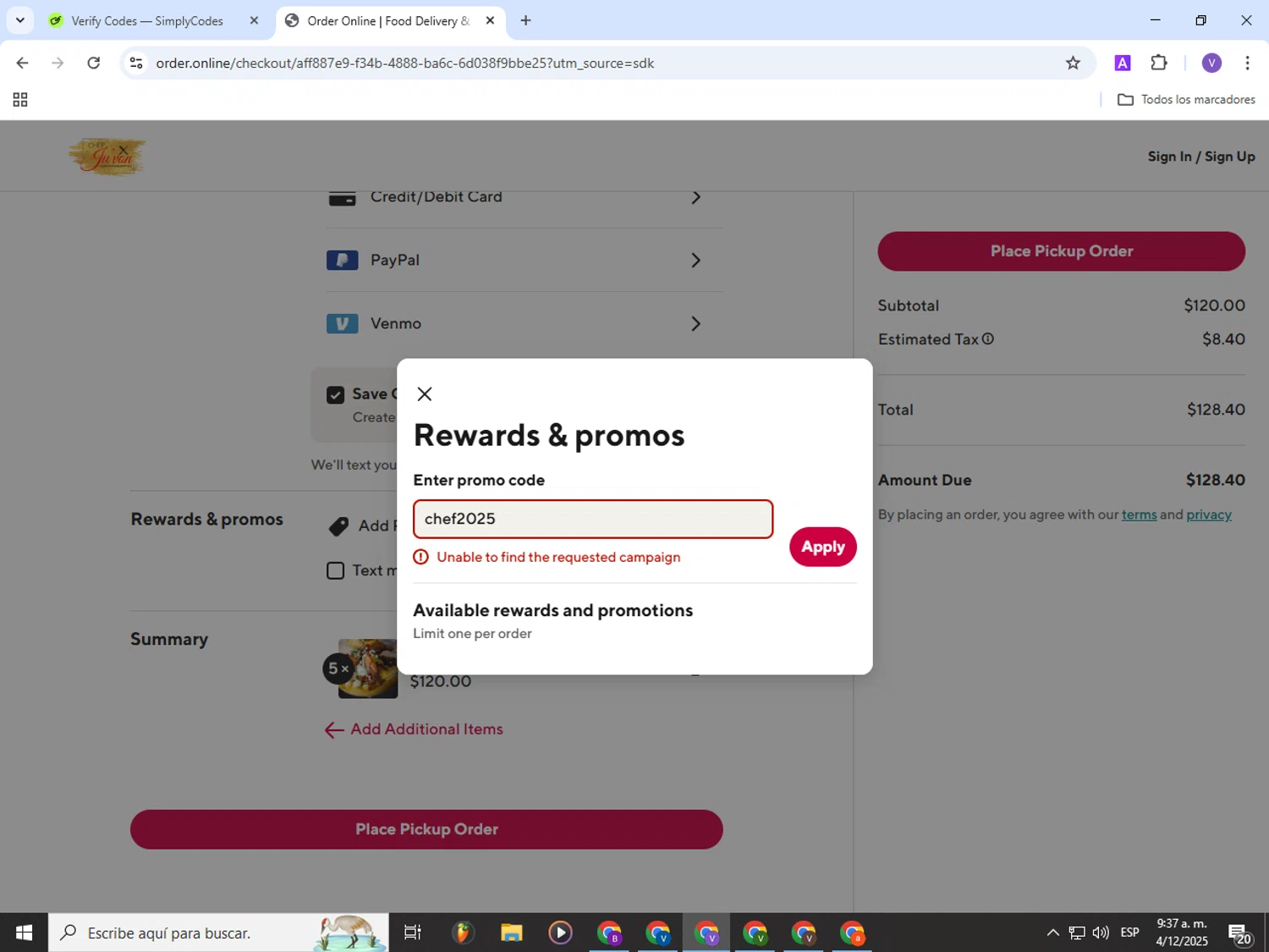 Chef Ju'von promo code screenshot showing code chef2025 applied at Chef Ju'von checkout page. Uploaded by SimplyCodes community member Gianpiero on Dec 4, 2025