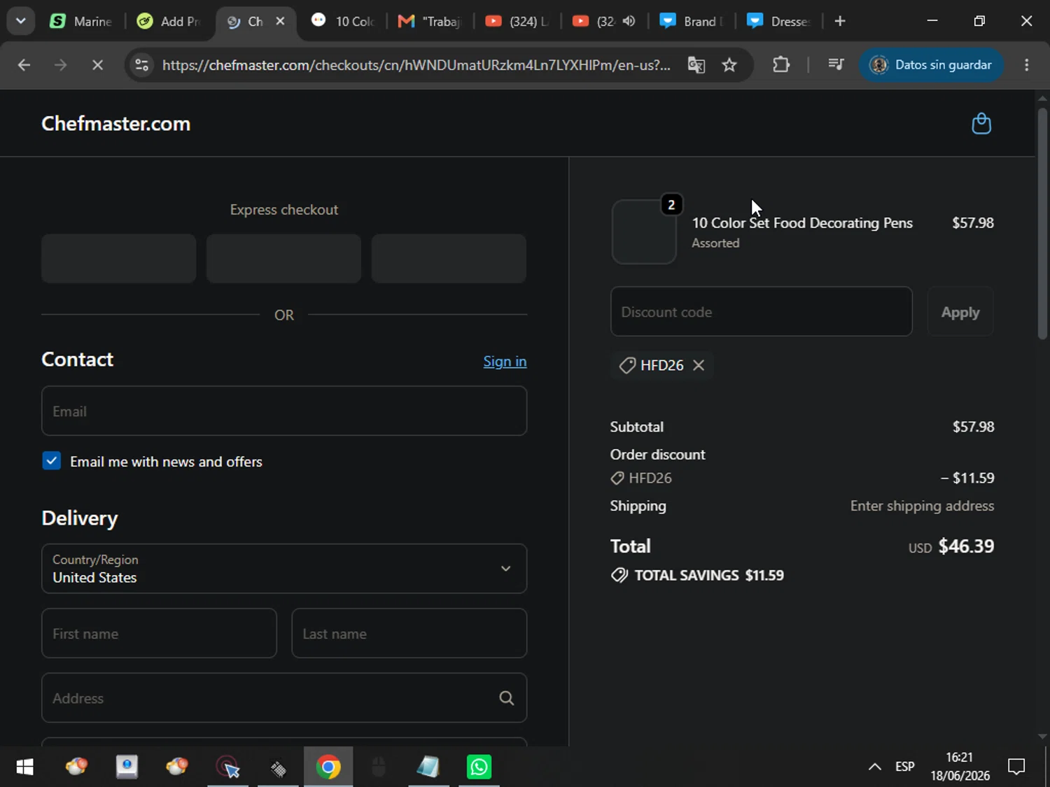 Chefmaster promo code screenshot showing code HFD26 applied at Chefmaster checkout page. Uploaded by SimplyCodes community member MarcosAranguren on Jun 18, 2026
