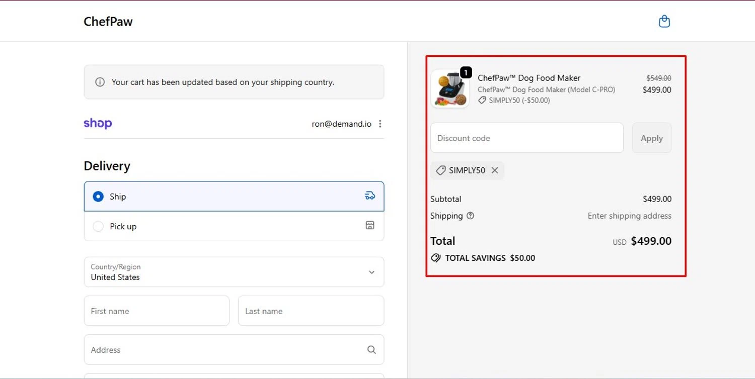 ChefPaw promo code screenshot showing code Simply50 applied at ChefPaw checkout page. Uploaded by SimplyCodes community member Swiftdealz on Dec 23, 2025
