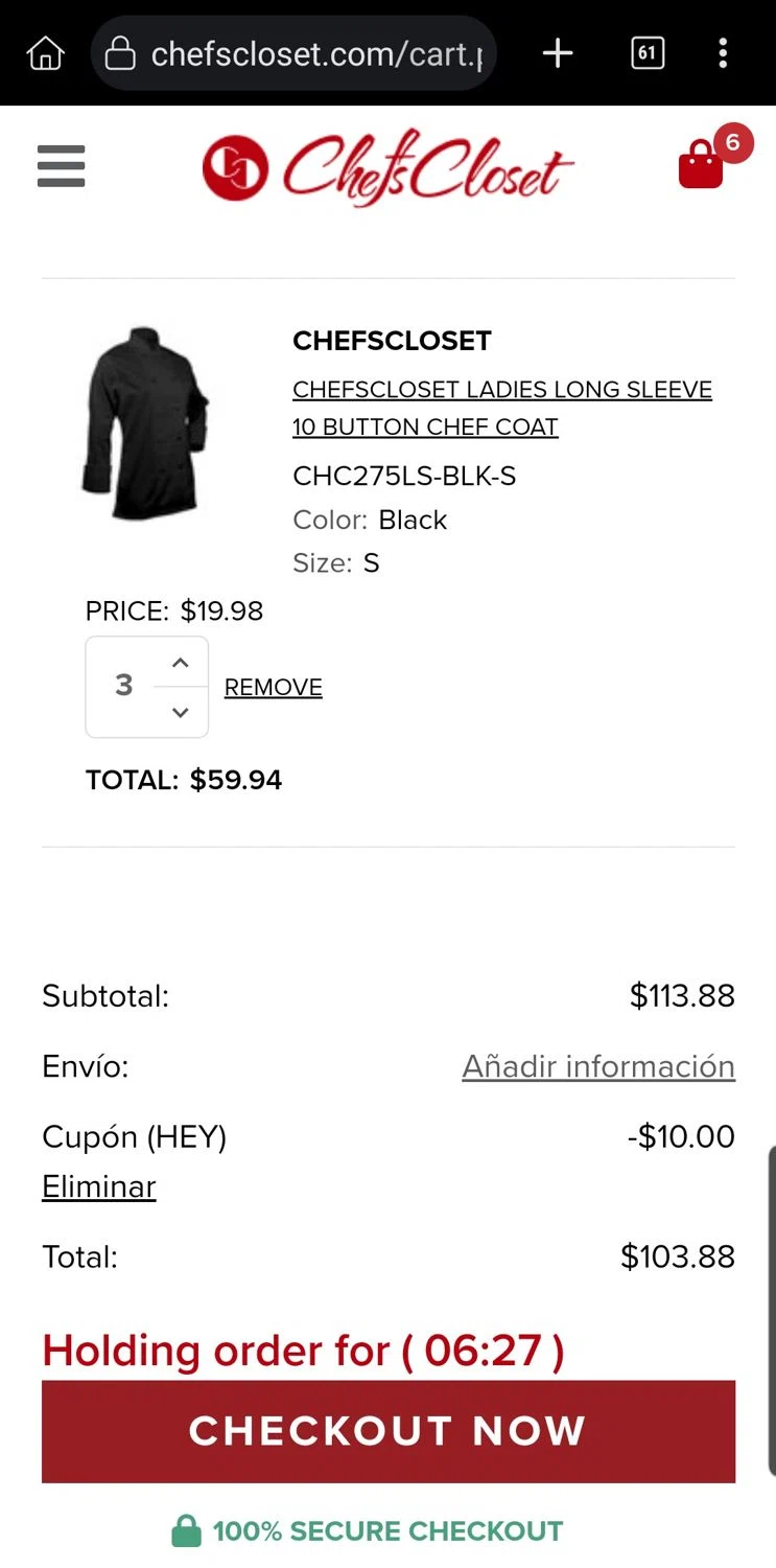 Chefs Closet checkout page showing Chefs Closet promo code box | Screenshot taken by SimplyCodes community member on Jun 26, 2025