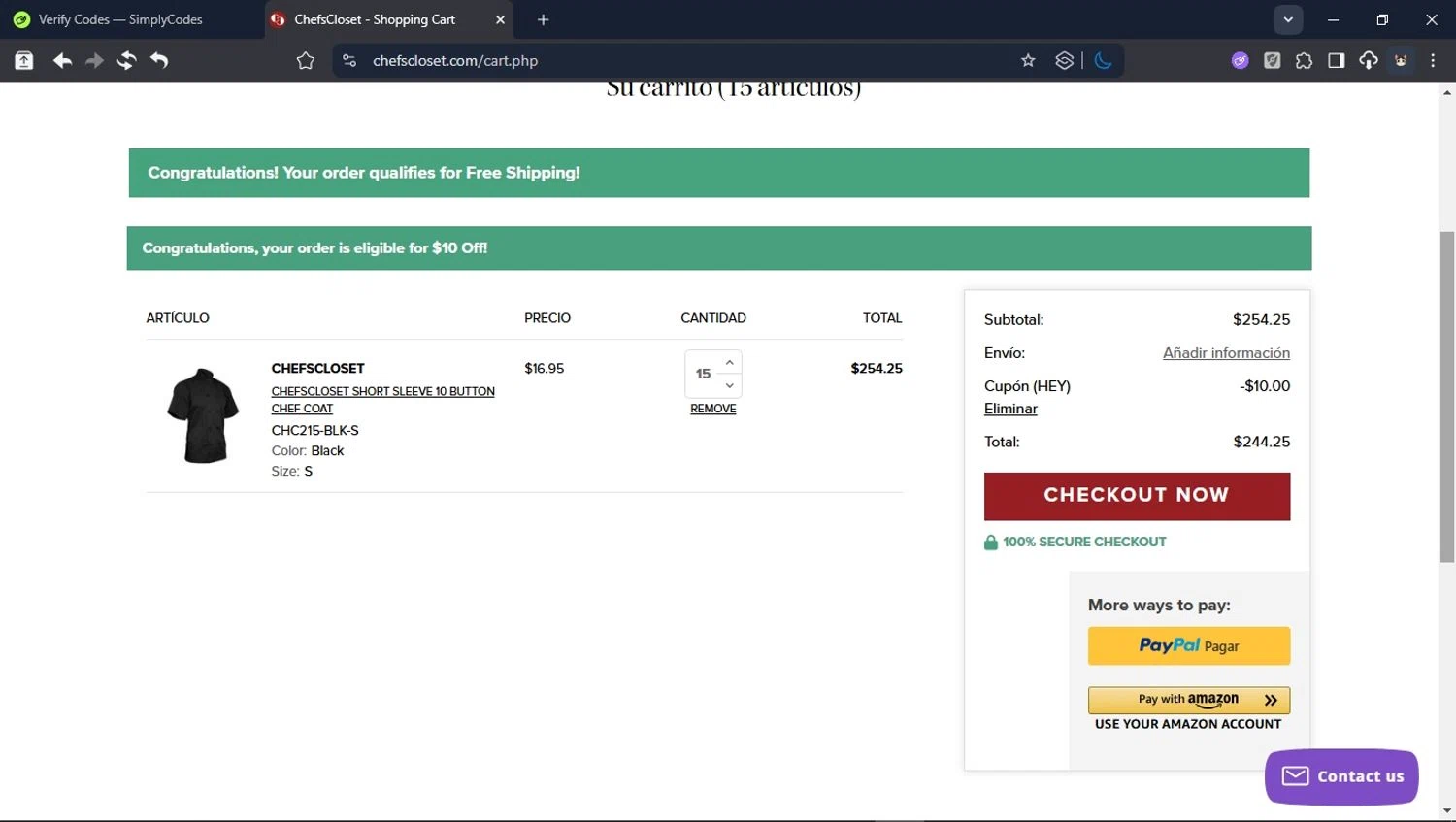 Chefs Closet promo code screenshot showing code HEY applied at Chefs Closet checkout page. Uploaded by SimplyCodes community member ValiantHunter5929 on Dec 2, 2025