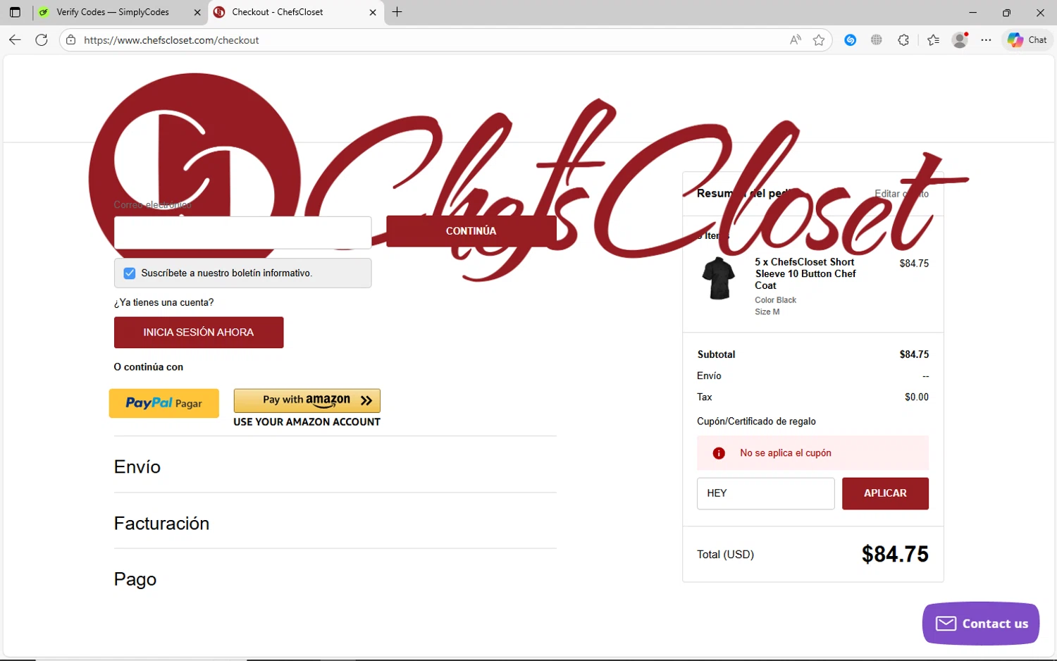 Chefs Closet promo code screenshot showing code HEY applied at Chefs Closet checkout page. Uploaded by SimplyCodes community member jhoanDepp on Dec 2, 2025