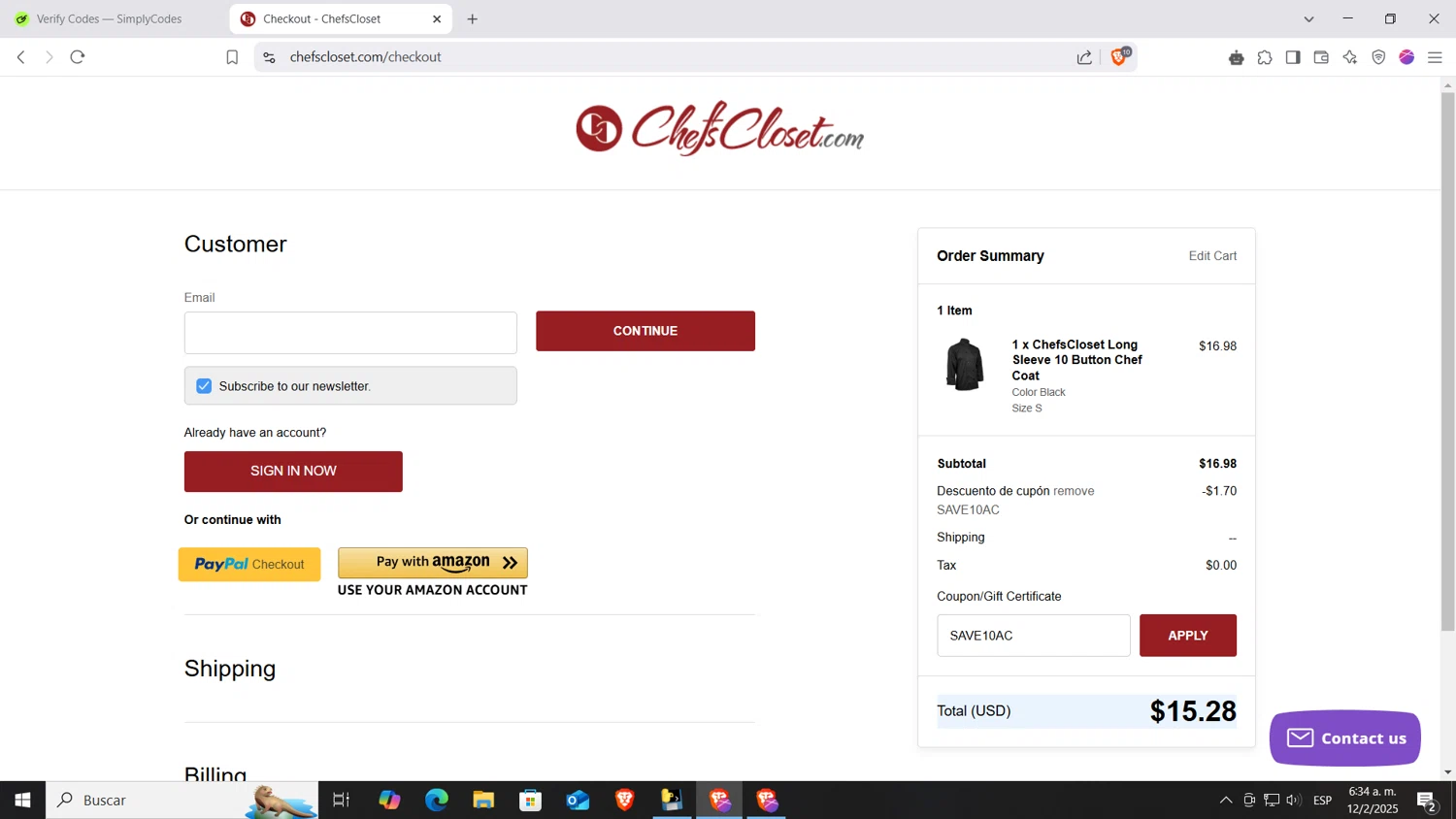 Chefs Closet promo code screenshot showing code SAVE10AC applied at Chefs Closet checkout page. Uploaded by SimplyCodes community member AnthonyGTX on Feb 12, 2025