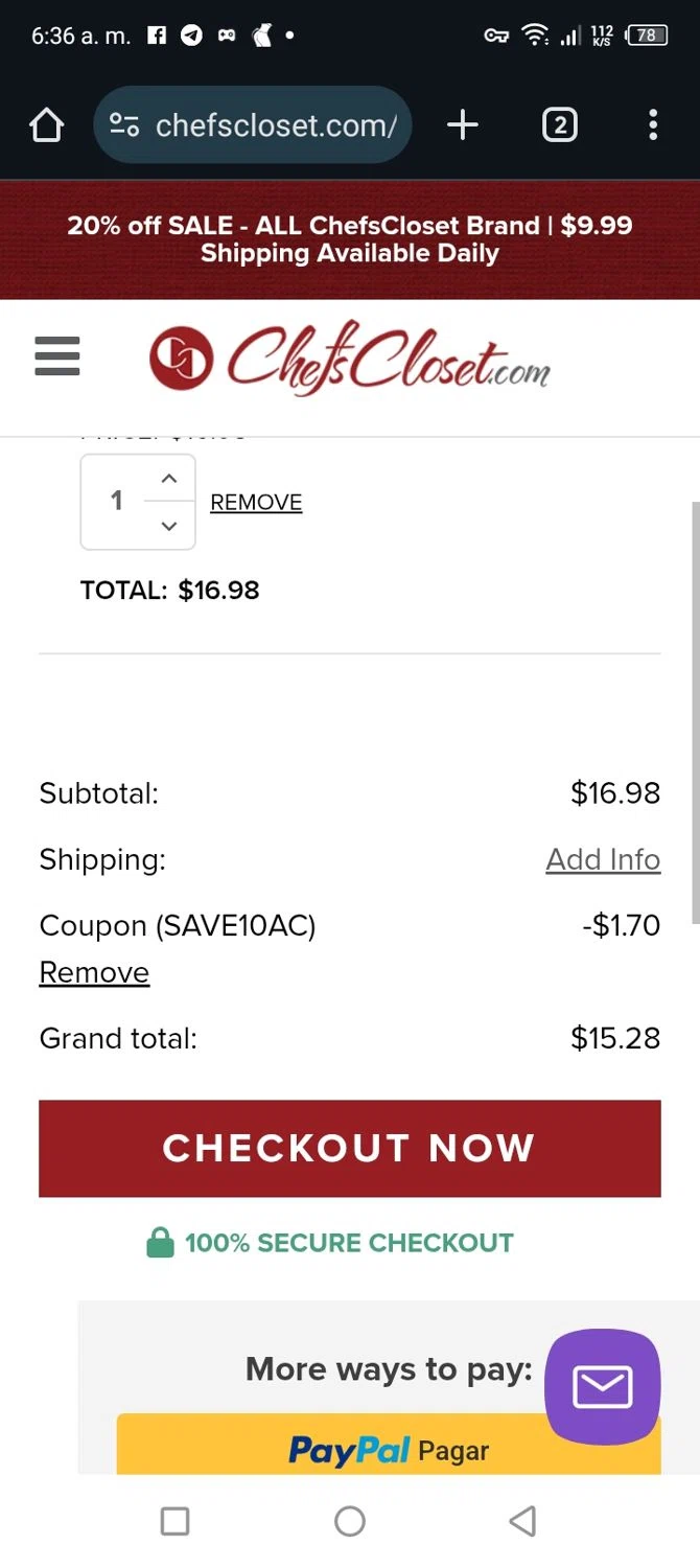 Chefs Closet promo code screenshot showing code SAVE10AC applied at Chefs Closet checkout page. Uploaded by SimplyCodes community member Firmino on Apr 11, 2025
