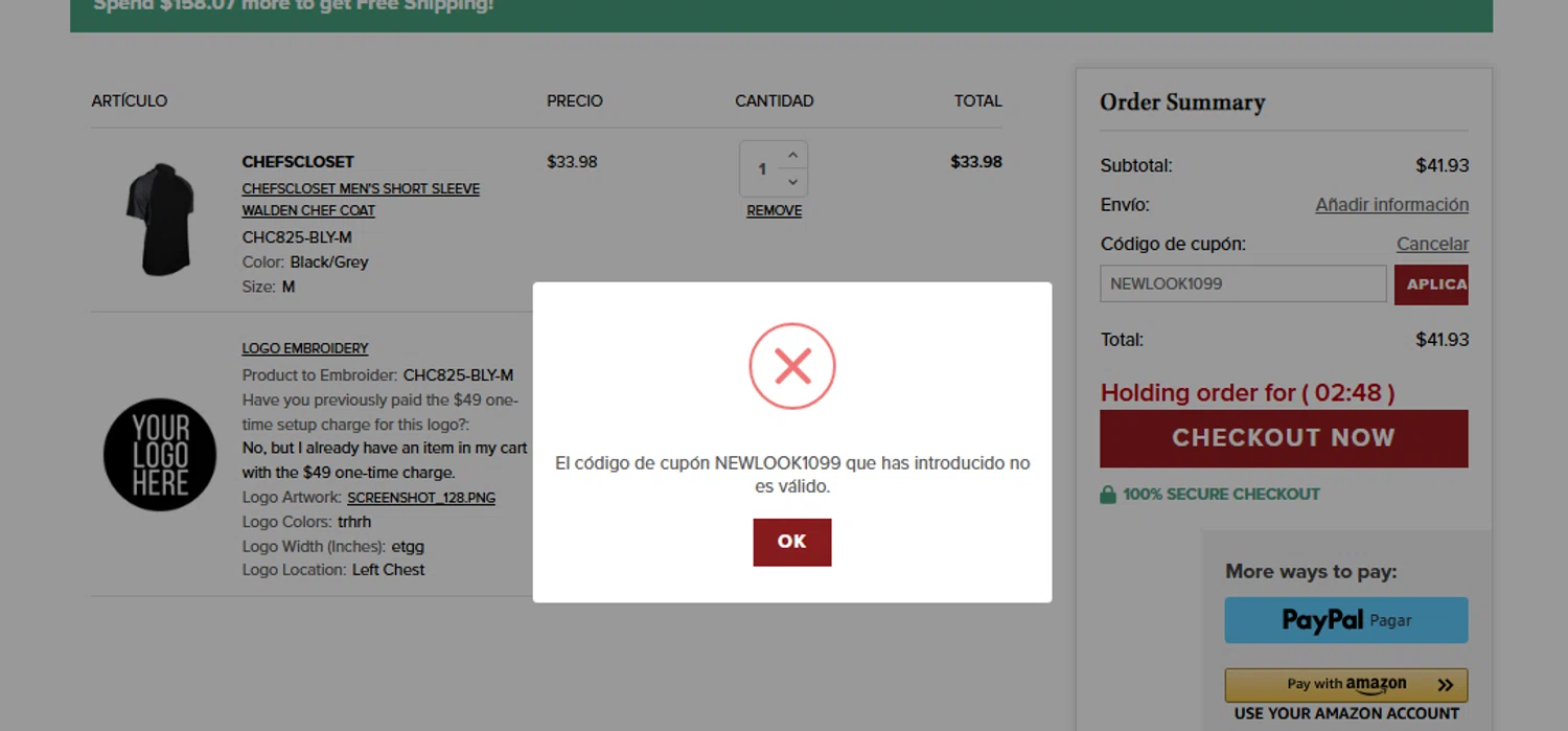 Chefs Closet promo code screenshot showing code NEWLOOK1099 applied at Chefs Closet checkout page. Uploaded by SimplyCodes community member CouponFox1822 on Jun 5, 2025
