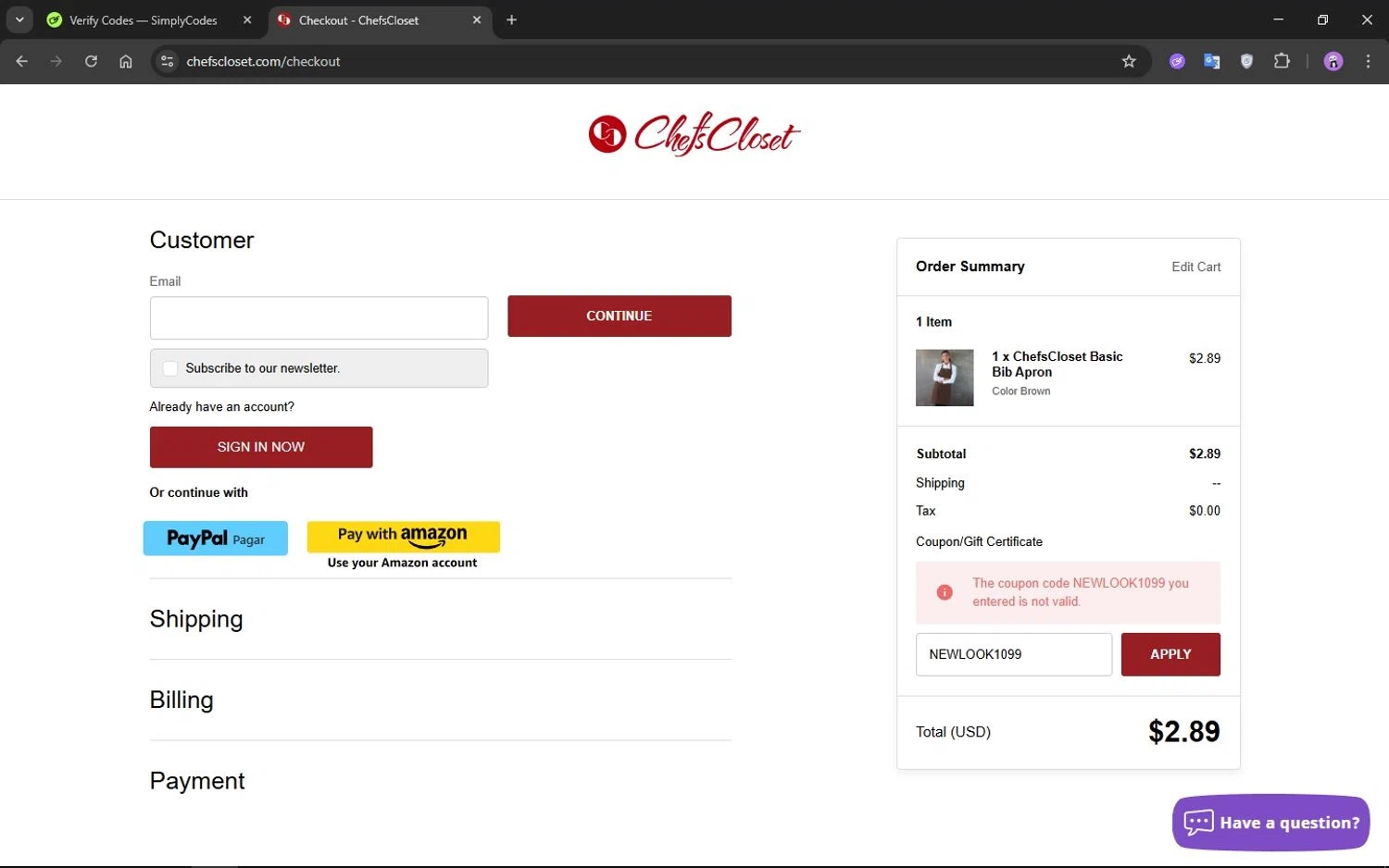 Chefs Closet promo code screenshot showing code NEWLOOK1099 applied at Chefs Closet checkout page. Uploaded by SimplyCodes community member CrownMaestro9486 on Jun 5, 2025