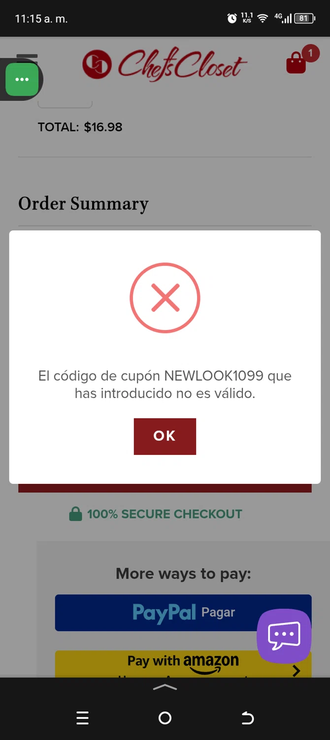 Chefs Closet promo code screenshot showing code NEWLOOK1099 applied at Chefs Closet checkout page. Uploaded by SimplyCodes community member MoneyExpert4917 on Jun 5, 2025