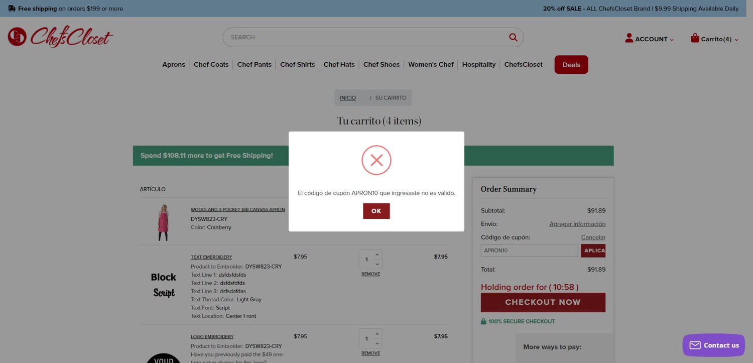 Chefs Closet promo code screenshot showing code APRON10 applied at Chefs Closet checkout page. Uploaded by SimplyCodes community member PennyRanger8219 on Jun 22, 2025