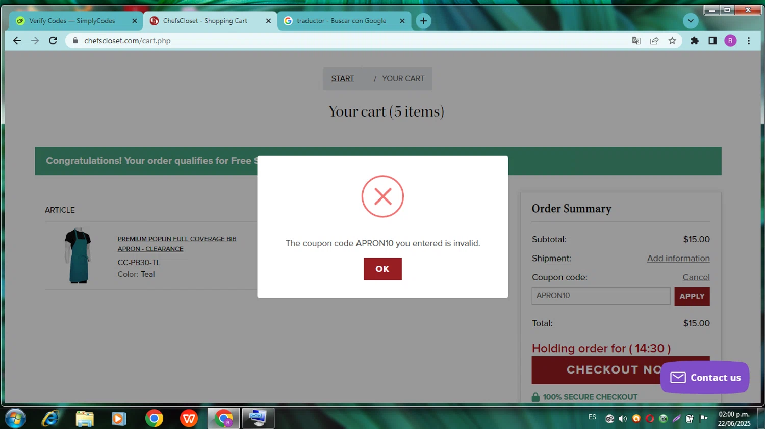 Chefs Closet promo code screenshot showing code APRON10 applied at Chefs Closet checkout page. Uploaded by SimplyCodes community member zapatoss on Jun 22, 2025