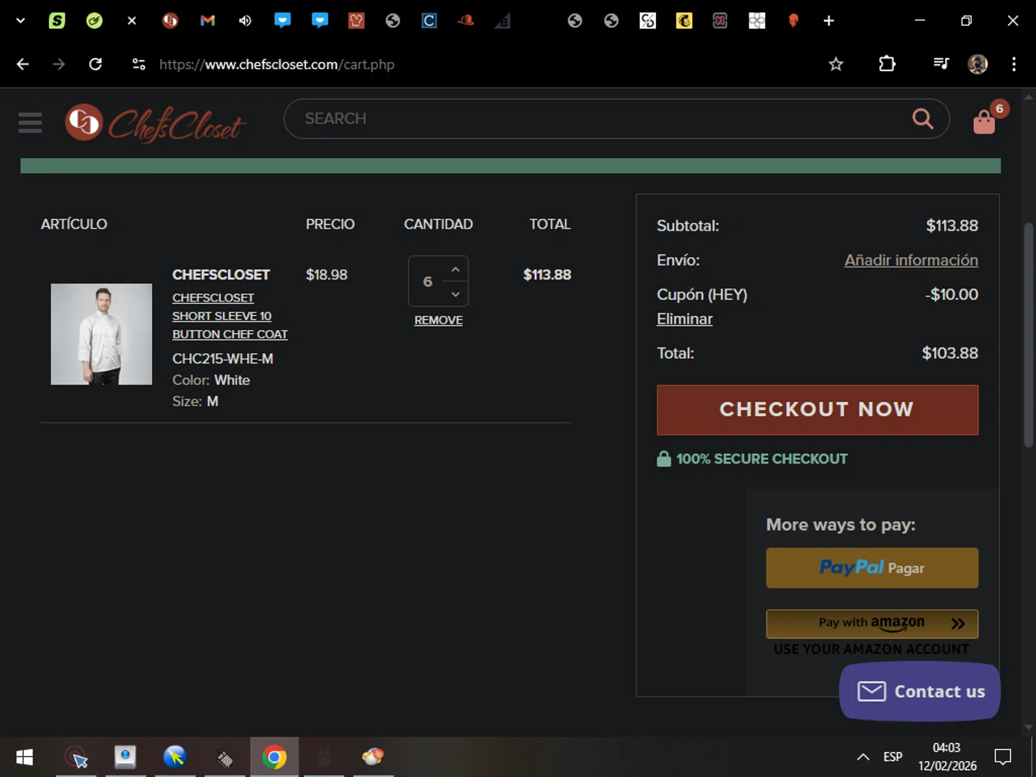 Chefs Closet promo code screenshot showing code HEY applied at Chefs Closet checkout page. Uploaded by SimplyCodes community member MarcosAranguren on Feb 12, 2026