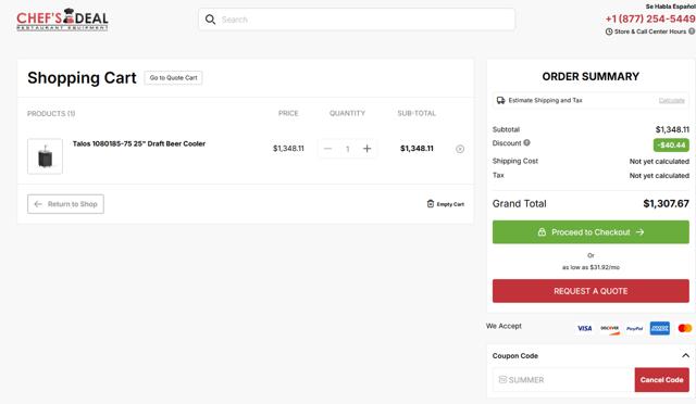Chefs Deal checkout page showing Chefs Deal discount code box | Screenshot taken by SimplyCodes community member on Aug 26, 2025