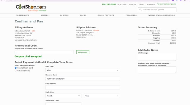 Chefshop.Com checkout page showing Chefshop.Com coupon code box | Screenshot taken by SimplyCodes community member on Jun 3, 2025