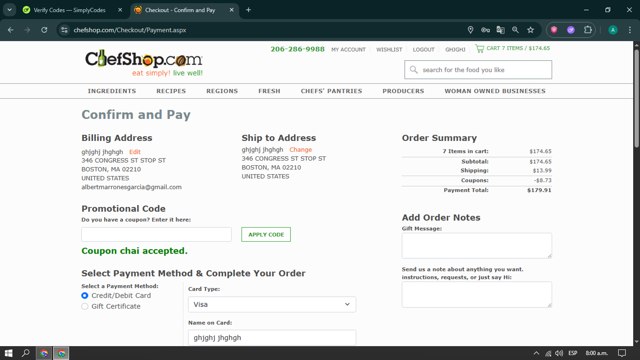 Chefshop.Com checkout page showing Chefshop.Com coupon code box | Screenshot taken by SimplyCodes community member on Jun 3, 2025
