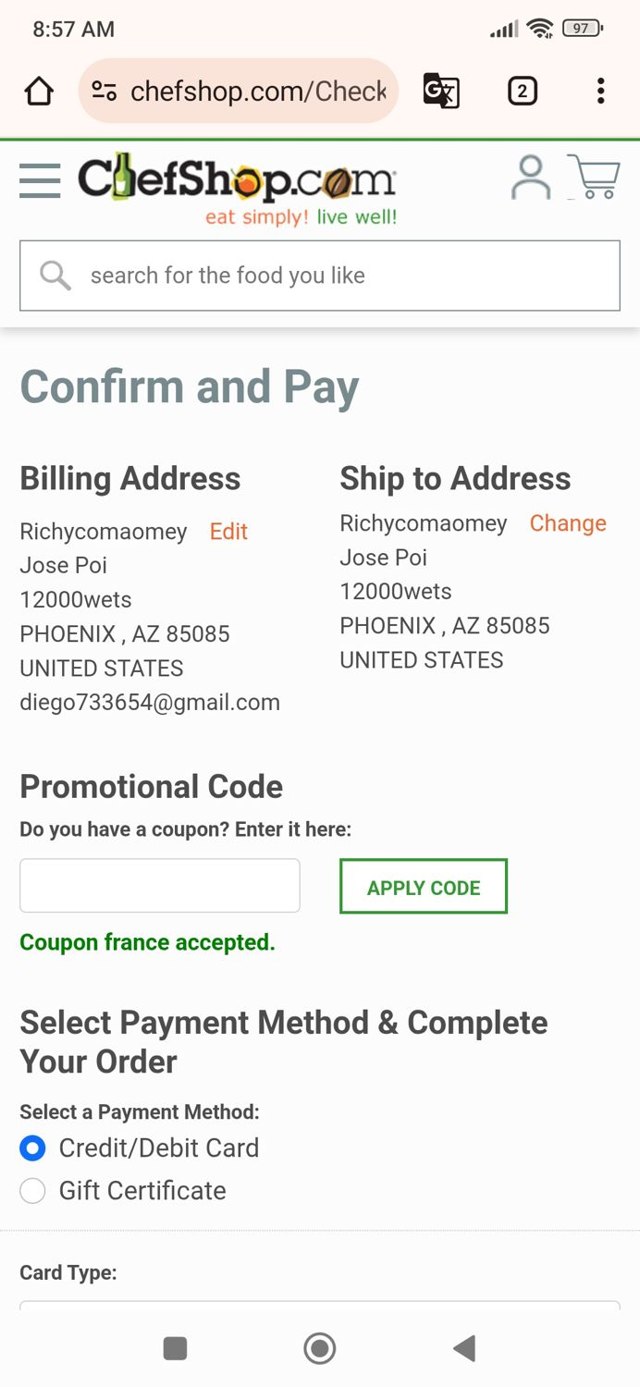 Chefshop.Com checkout page showing Chefshop.Com coupon code box | Screenshot taken by SimplyCodes community member on Jul 13, 2025