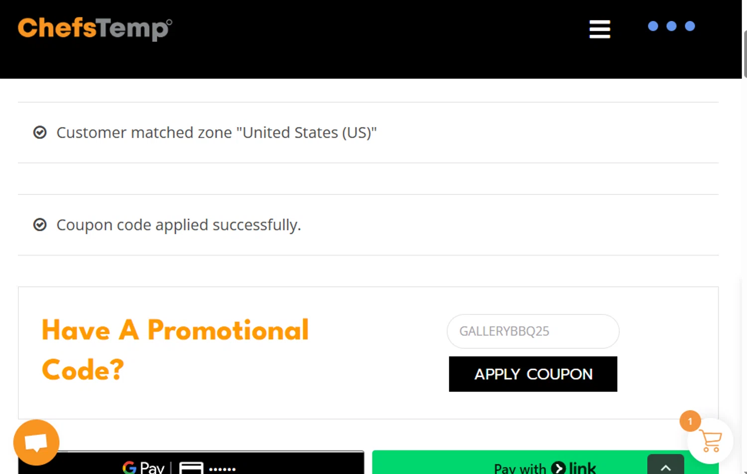 ChefsTemp promo code screenshot showing code GALLERYBBQ25 applied at ChefsTemp checkout page. Uploaded by SimplyCodes community member FrugalHunter3134 on Jun 15, 2025