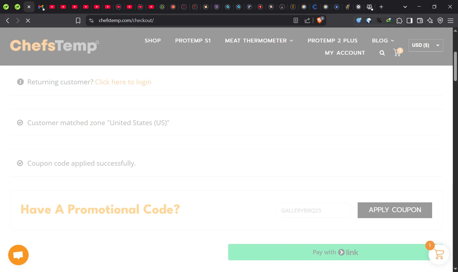 ChefsTemp promo code screenshot showing code GALLERYBBQ25 applied at ChefsTemp checkout page. Uploaded by SimplyCodes community member Norman_KSD on Jun 22, 2025