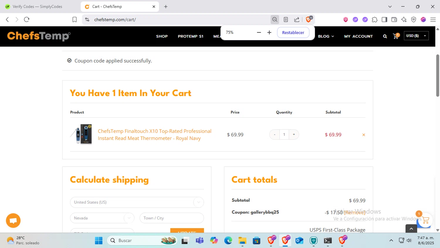 ChefsTemp promo code screenshot showing code GALLERYBBQ25 applied at ChefsTemp checkout page. Uploaded by SimplyCodes community member SapeGato on Jun 8, 2025
