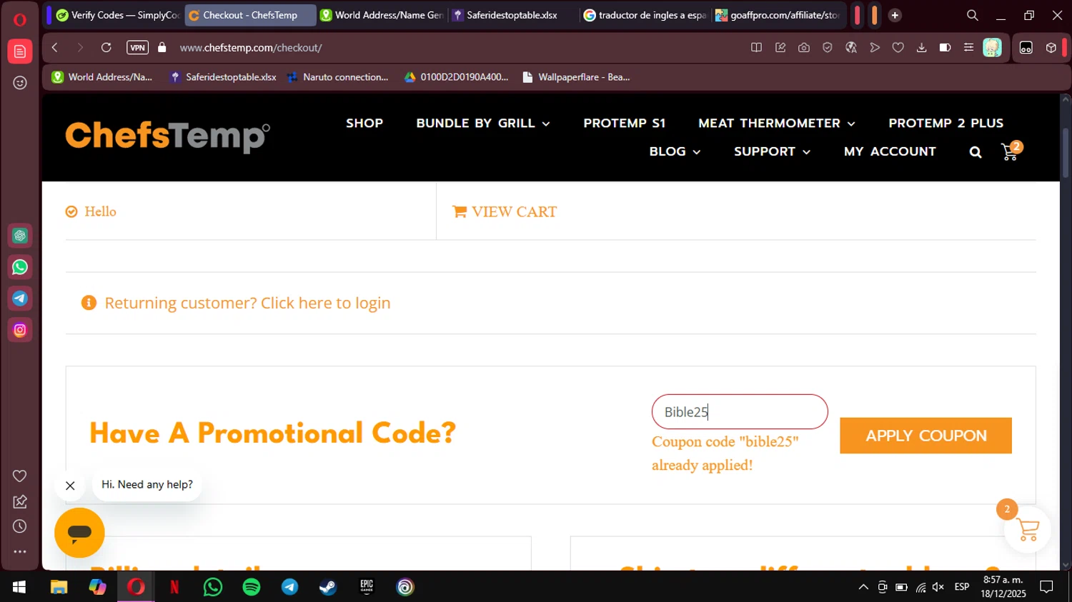 ChefsTemp promo code screenshot showing code Bible25 applied at ChefsTemp checkout page. Uploaded by SimplyCodes community member MimusukyNara on Dec 18, 2025