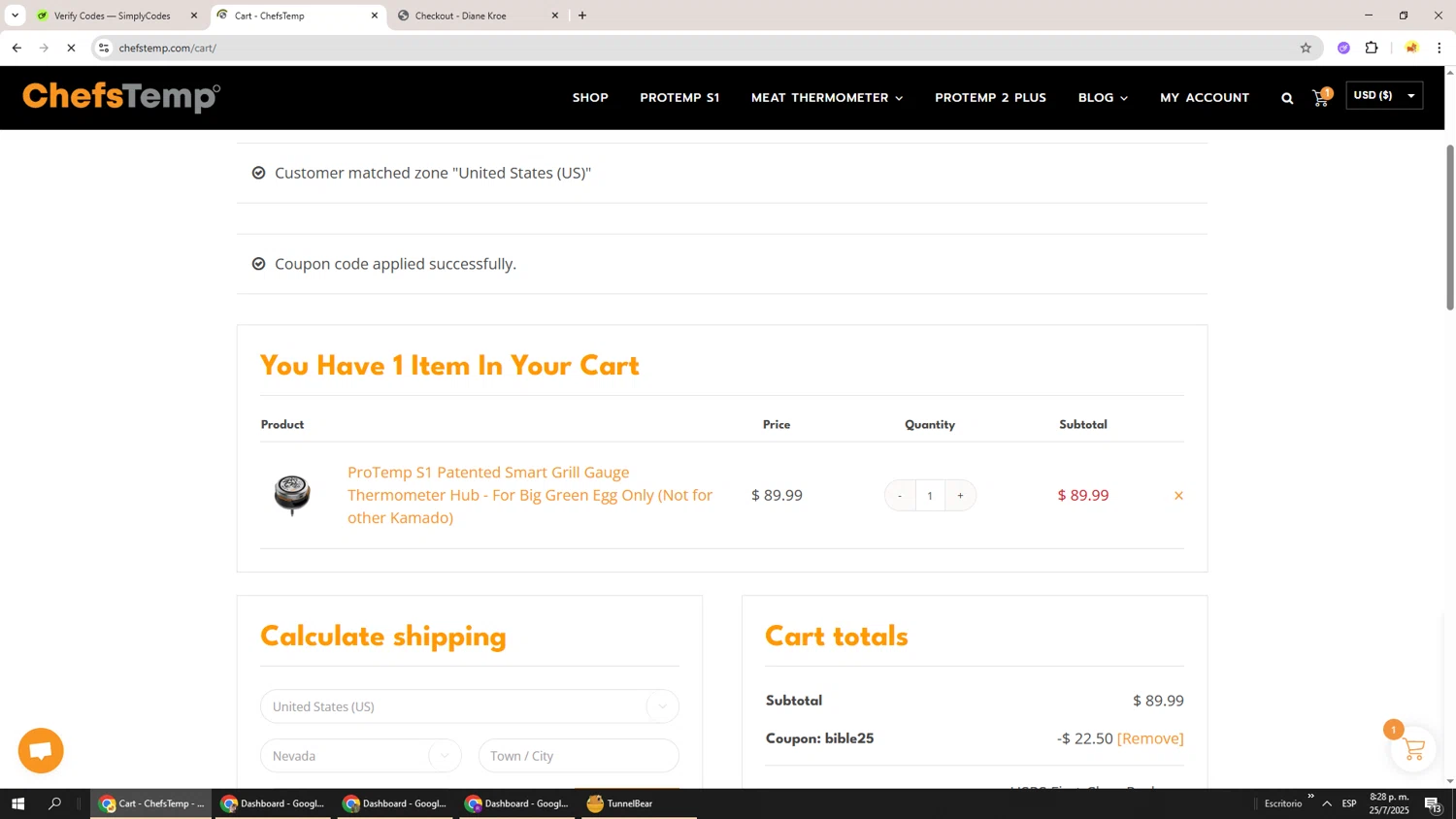 ChefsTemp promo code screenshot showing code Bible25 applied at ChefsTemp checkout page. Uploaded by SimplyCodes community member Richard251 on Jul 26, 2025