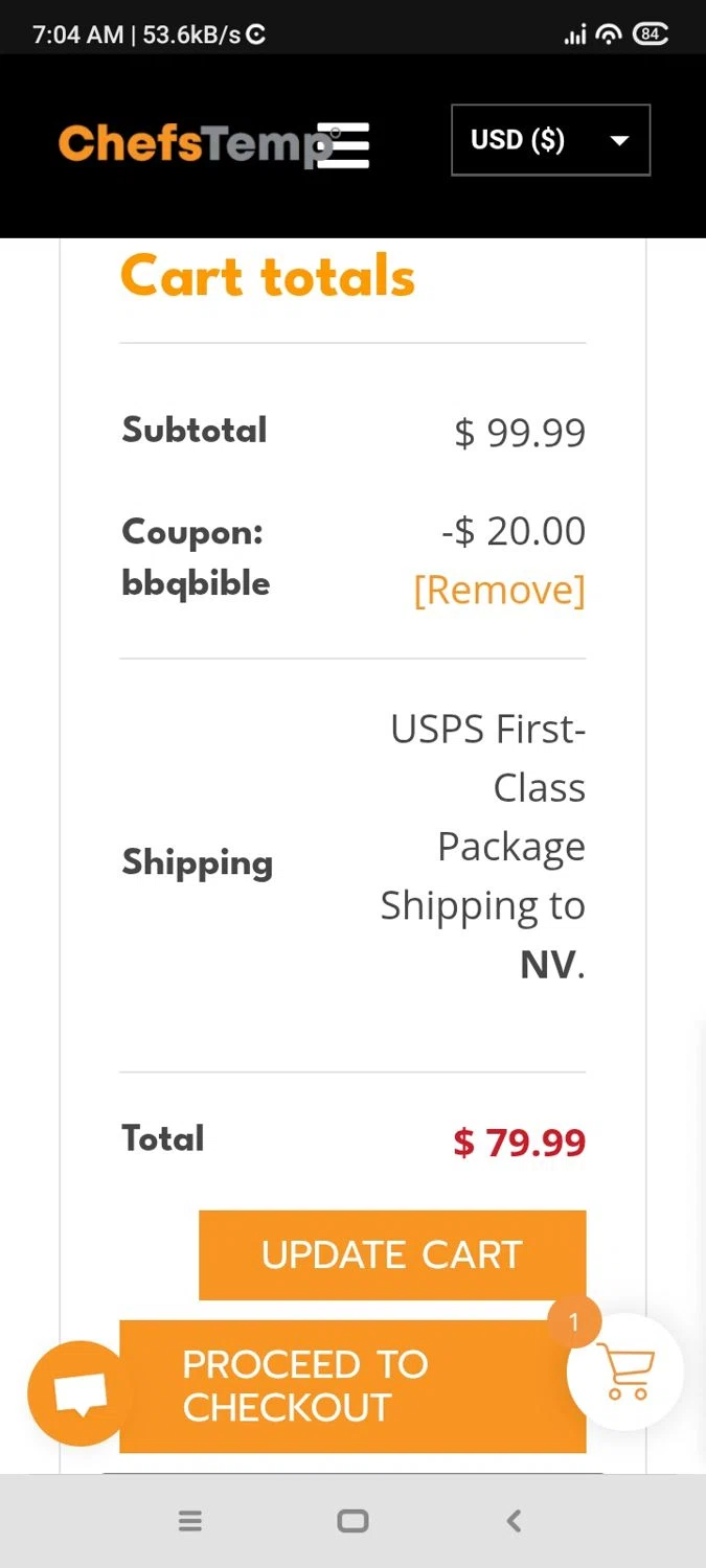 ChefsTemp promo code screenshot showing code BBQBIBLE applied at ChefsTemp checkout page. Uploaded by SimplyCodes community member RebateFalcon3172 on Oct 20, 2025