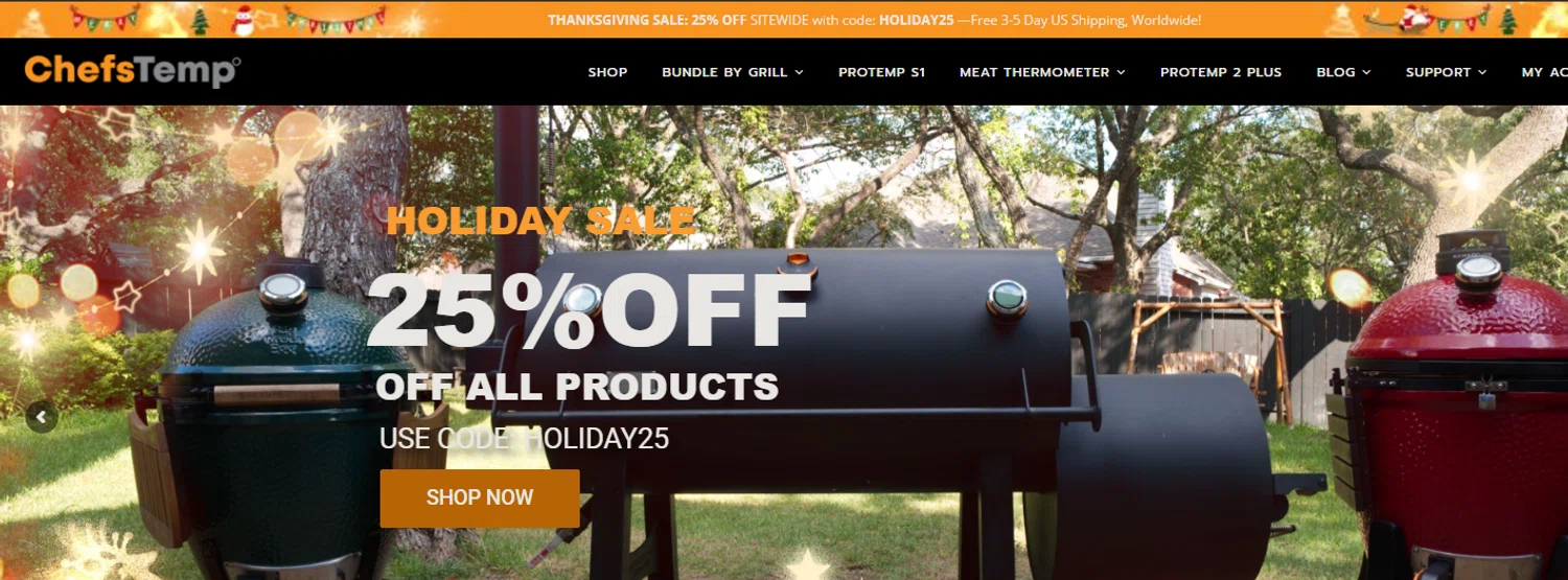 ChefsTemp promo code screenshot showing code HOLIDAY25 applied at ChefsTemp checkout page. Uploaded by SimplyCodes community member idkxxx on Nov 19, 2025