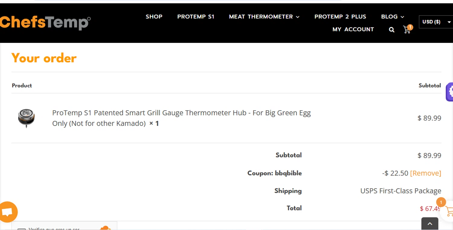 ChefsTemp promo code screenshot showing code BBQBIBLE applied at ChefsTemp checkout page. Uploaded by SimplyCodes community member shark12 on Jul 26, 2025