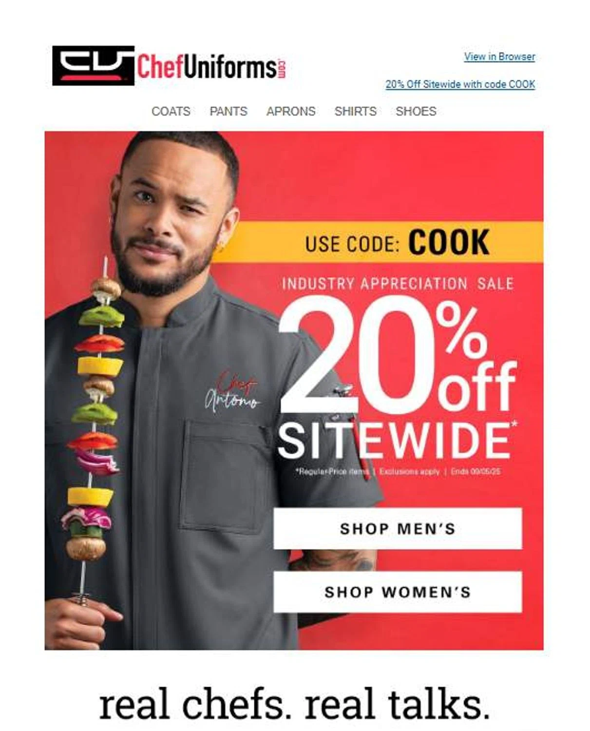 ChefUniforms.com promo code screenshot showing code cook applied at ChefUniforms.com checkout page. Uploaded by SimplyCodes community member 6d796e616d656973 on Aug 29, 2025
