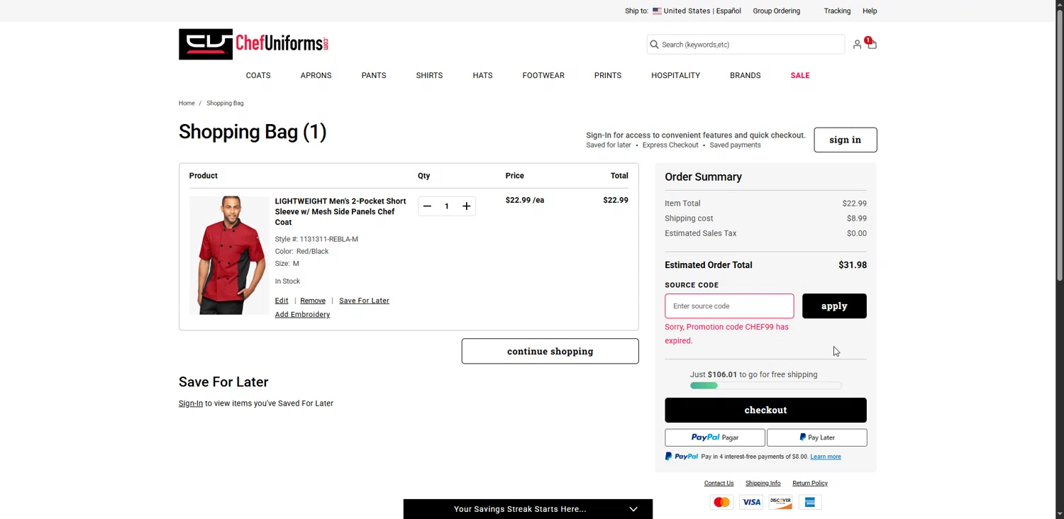 ChefUniforms.com promo code screenshot showing code CHEF99 applied at ChefUniforms.com checkout page. Uploaded by SimplyCodes community member Raibelys_18 on Jun 29, 2025
