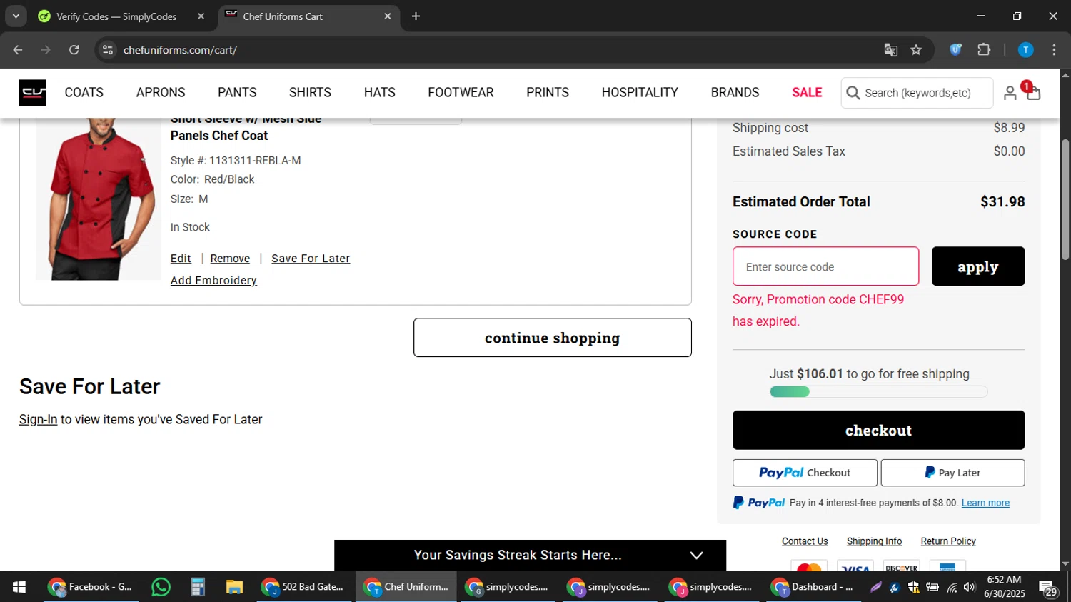 ChefUniforms.com promo code screenshot showing code CHEF99 applied at ChefUniforms.com checkout page. Uploaded by SimplyCodes community member hankt1521 on Jun 30, 2025
