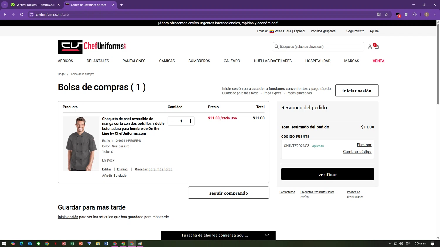ChefUniforms.com promo code screenshot showing code CHINTE2023C3 applied at ChefUniforms.com checkout page. Uploaded by SimplyCodes community member CHITO777 on Aug 6, 2025