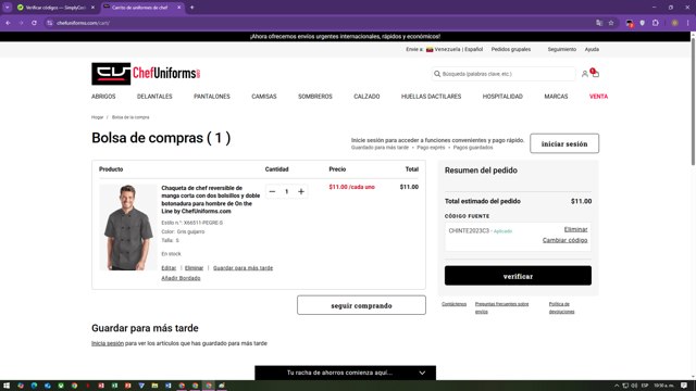 ChefUniforms.com checkout page showing ChefUniforms.com promo code box | Screenshot taken by SimplyCodes community member on Aug 6, 2025