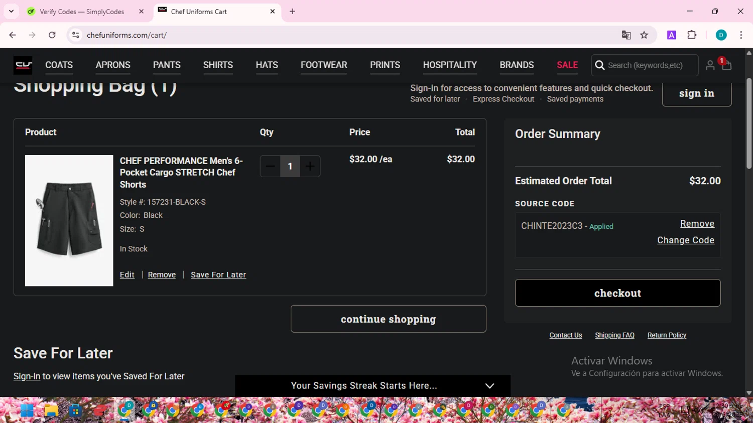 ChefUniforms.com promo code screenshot showing code CHINTE2023C3 applied at ChefUniforms.com checkout page. Uploaded by SimplyCodes community member ShrewdTracker5871 on Jun 28, 2025