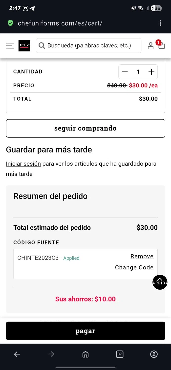 ChefUniforms.com promo code screenshot showing code CHINTE2023C3 applied at ChefUniforms.com checkout page. Uploaded by SimplyCodes community member guest_623525963 on Jul 8, 2025