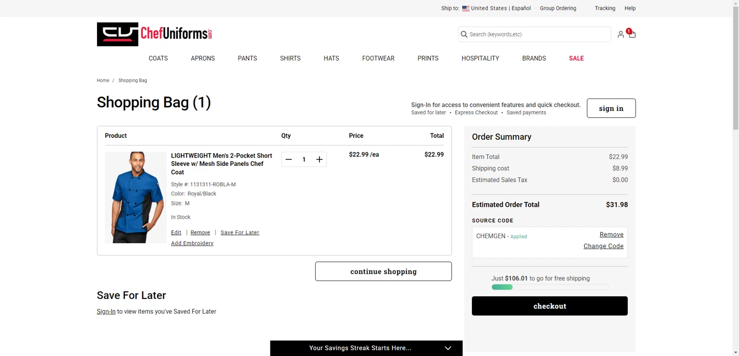ChefUniforms.com promo code screenshot showing code CHEMGEN applied at ChefUniforms.com checkout page. Uploaded by SimplyCodes community member SilverChaser3269 on Jun 21, 2025
