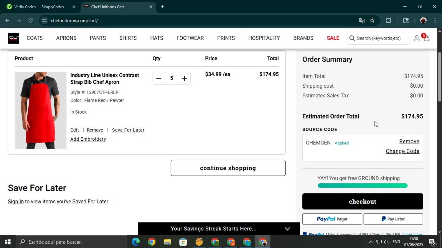 ChefUniforms.com promo code screenshot showing code CHEMGEN applied at ChefUniforms.com checkout page. Uploaded by SimplyCodes community member youngonzalo on Jun 7, 2025