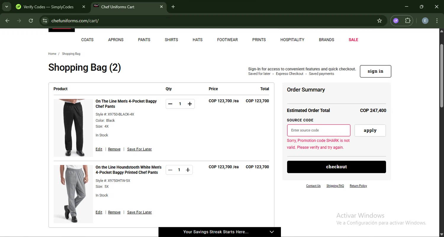 ChefUniforms.com promo code screenshot showing code SHARK applied at ChefUniforms.com checkout page. Uploaded by SimplyCodes community member ExtraordinaryMonarch4598 on Aug 6, 2025