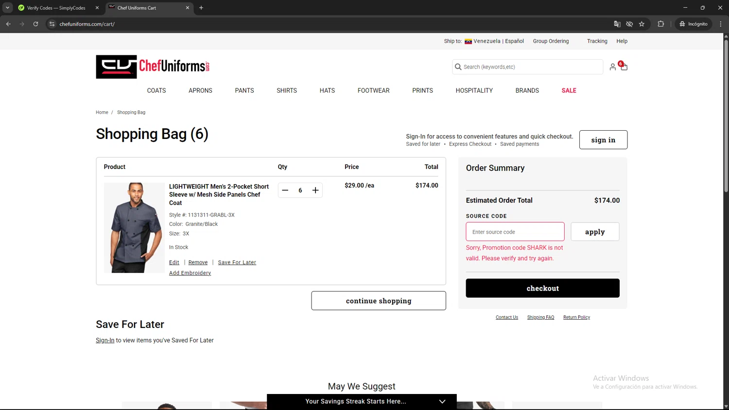 ChefUniforms.com promo code screenshot showing code SHARK applied at ChefUniforms.com checkout page. Uploaded by SimplyCodes community member SAKURA on Aug 6, 2025
