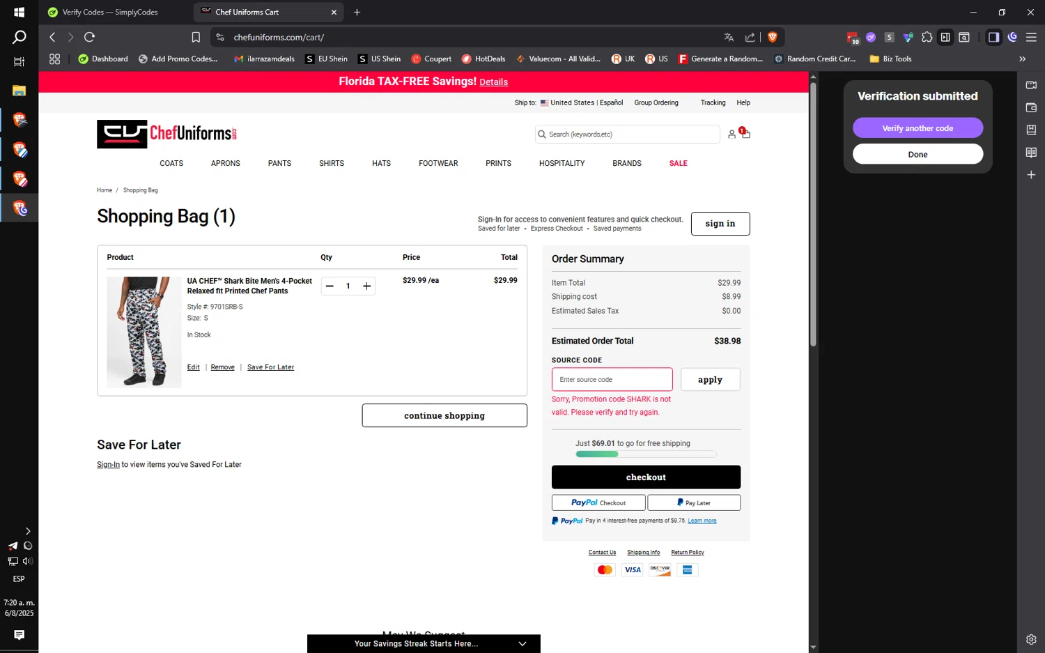 ChefUniforms.com promo code screenshot showing code SHARK applied at ChefUniforms.com checkout page. Uploaded by SimplyCodes community member ilarrazaM4 on Aug 6, 2025