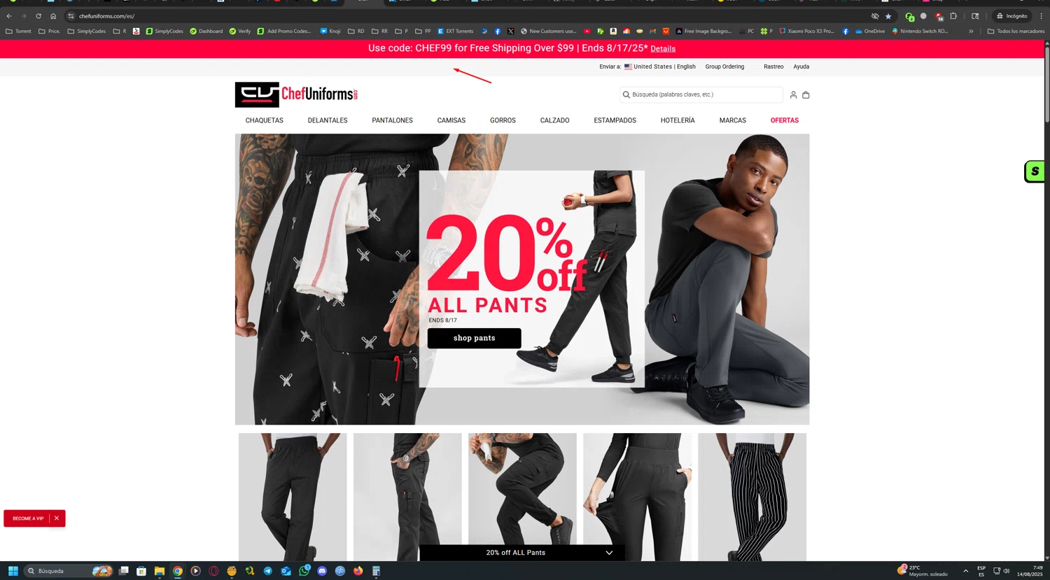 ChefUniforms.com promo code screenshot showing code CHEF99 applied at ChefUniforms.com checkout page. Uploaded by SimplyCodes community member UnkNownVnzla on Aug 14, 2025