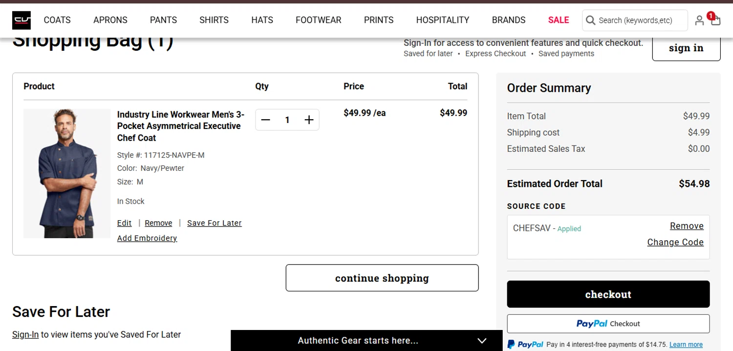 ChefUniforms.com promo code screenshot showing code CHEFSAV applied at ChefUniforms.com checkout page. Uploaded by SimplyCodes community member juanisaac on Aug 20, 2025