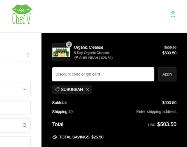 Chef V checkout page showing Chef V coupon code box | Screenshot taken by SimplyCodes community member on Oct 30, 2024