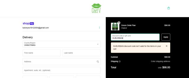 Chef V checkout page showing Chef V coupon code box | Screenshot taken by SimplyCodes community member on Nov 28, 2024