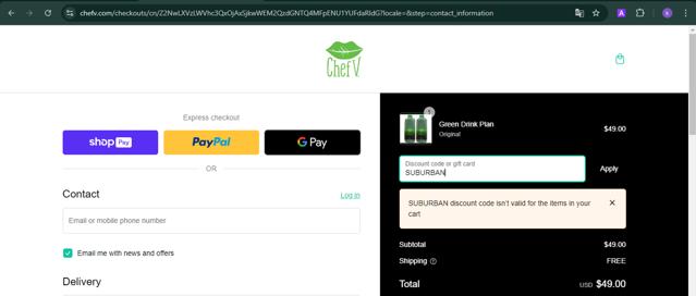 Chef V checkout page showing Chef V coupon code box | Screenshot taken by SimplyCodes community member on Sep 30, 2024